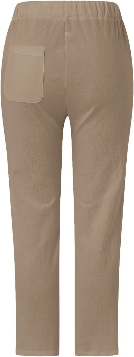 Women's Summer Casual Linen Pants Capris Drawstring Elastic High Waist Cotton Linen Cropped Trousers with Pockets