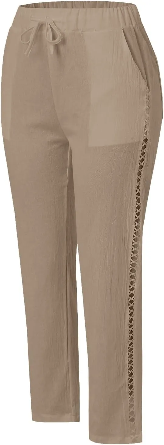 Women's Summer Casual Linen Pants Capris Drawstring Elastic High Waist Cotton Linen Cropped Trousers with Pockets