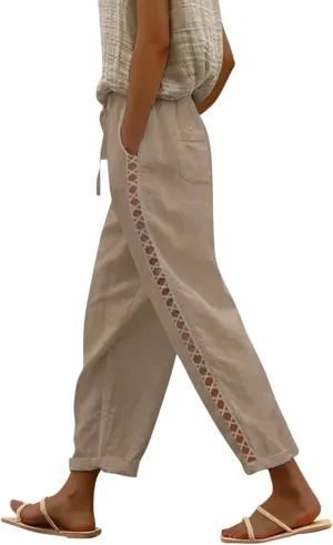 Women's Summer Casual Linen Pants Capris Drawstring Elastic High Waist Cotton Linen Cropped Trousers with Pockets