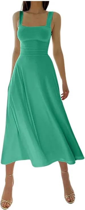 Womens Summer Casual Sleeveless Midi Dresses Scoop Neck Fit & Flare A-Line Flowy Long Sundress Beach Outfits