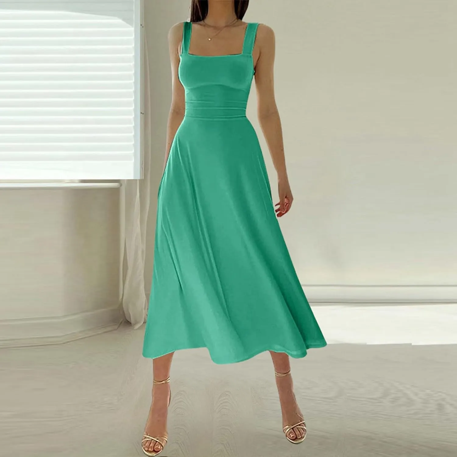 Womens Summer Casual Sleeveless Midi Dresses Scoop Neck Fit & Flare A-Line Flowy Long Sundress Beach Outfits