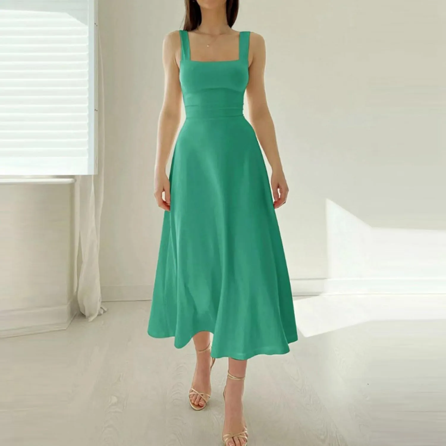 Womens Summer Casual Sleeveless Midi Dresses Scoop Neck Fit & Flare A-Line Flowy Long Sundress Beach Outfits