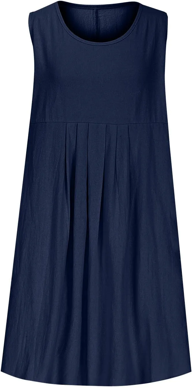 Women's Summer Cotton Linen Dress Casual Sleeveless Pleated Loose Sundress Fashion Solid Color Lounge Holiday Dress