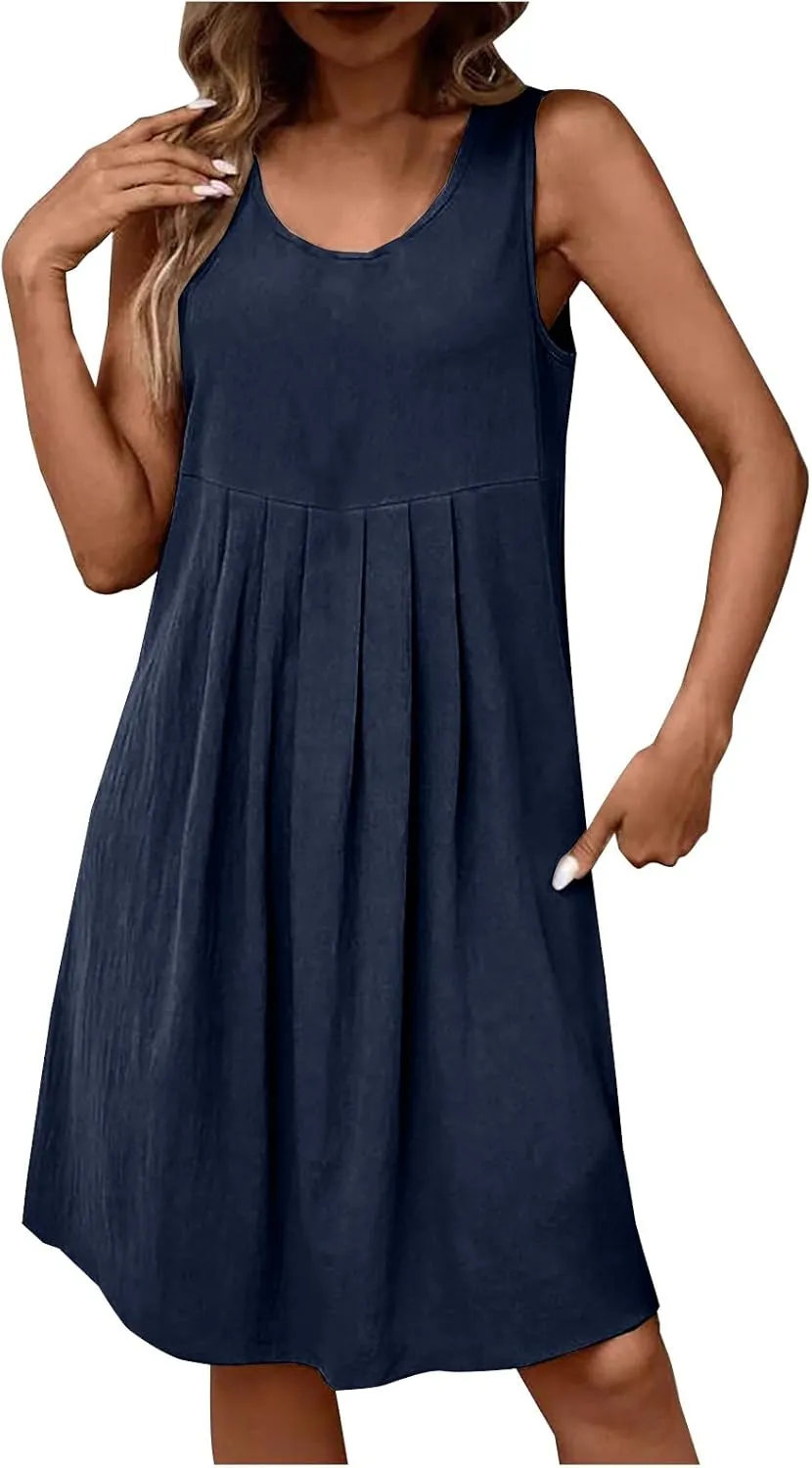 Women's Summer Cotton Linen Dress Casual Sleeveless Pleated Loose Sundress Fashion Solid Color Lounge Holiday Dress