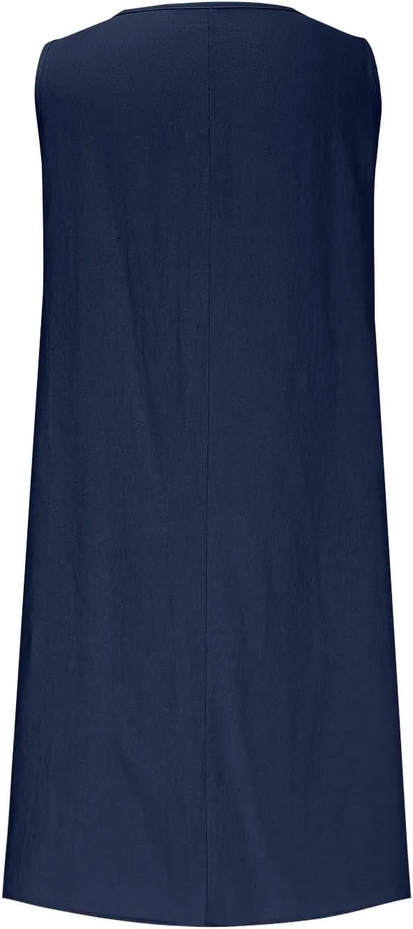 Women's Summer Cotton Linen Dress Casual Sleeveless Pleated Loose Sundress Fashion Solid Color Lounge Holiday Dress