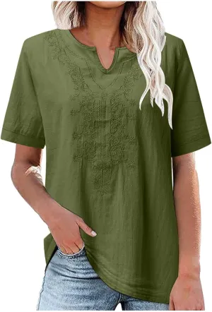 Women's Summer Cotton Linen Tunic Shirt Floral Embroidery Tees Shirts Casual Jacquard Boho Blouses Loose Tshirts