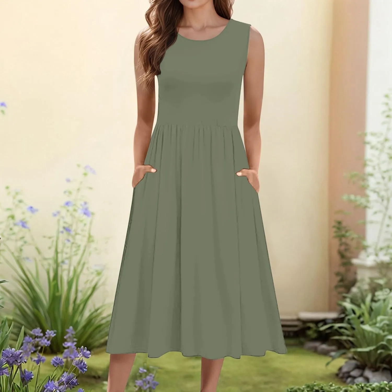 Womens Summer Dresses 2025 Sleeveless Crewneck Empire Waist Casual A-Line Swing Midi Dress Sundress Tank Dresses
