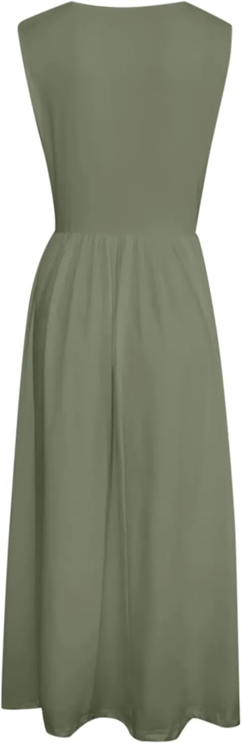 Womens Summer Dresses 2025 Sleeveless Crewneck Empire Waist Casual A-Line Swing Midi Dress Sundress Tank Dresses