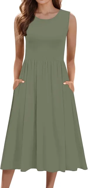 Womens Summer Dresses 2025 Sleeveless Crewneck Empire Waist Casual A-Line Swing Midi Dress Sundress Tank Dresses