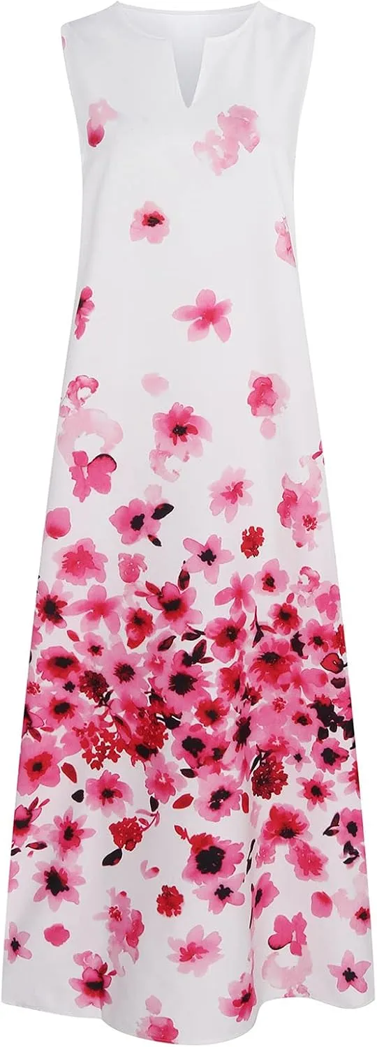 Womens Summer Elegant Long Dress with Pockets Fashion Floral Print Sleeveless Maxi Dress Casual Floor Length Dress