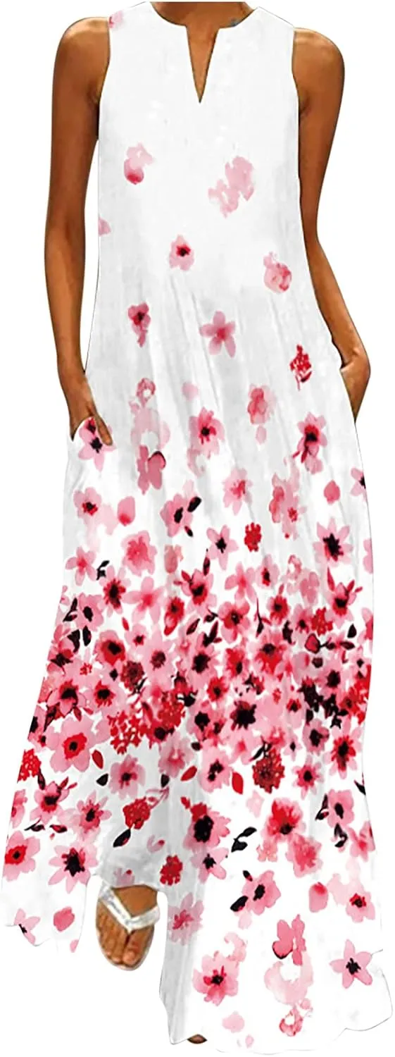 Womens Summer Elegant Long Dress with Pockets Fashion Floral Print Sleeveless Maxi Dress Casual Floor Length Dress