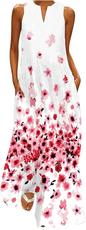 Womens Summer Elegant Long Dress with Pockets Fashion Floral Print Sleeveless Maxi Dress Casual Floor Length Dress