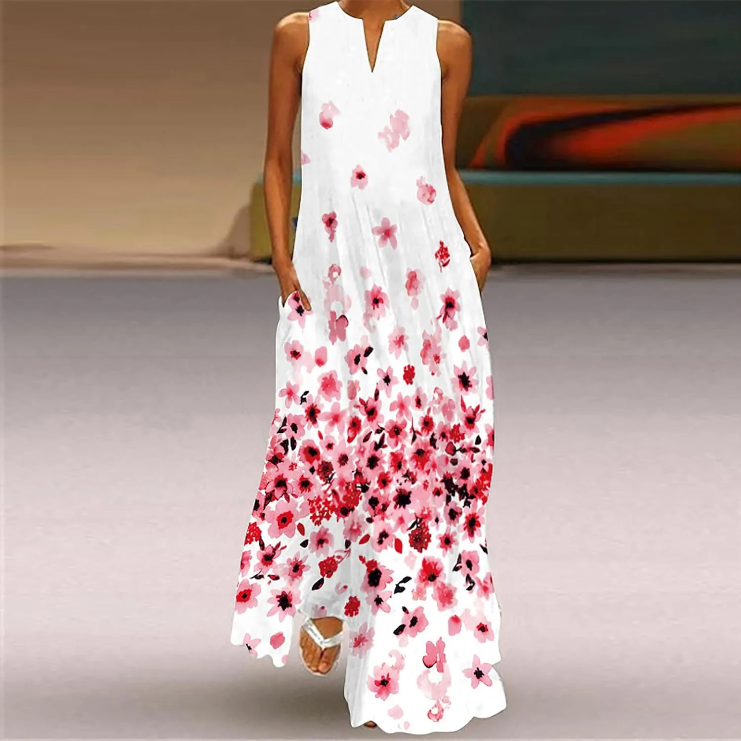 Womens Summer Elegant Long Dress with Pockets Fashion Floral Print Sleeveless Maxi Dress Casual Floor Length Dress