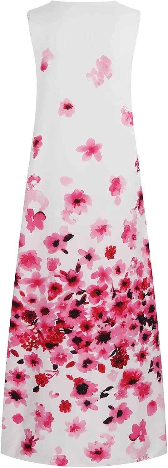 Womens Summer Elegant Long Dress with Pockets Fashion Floral Print Sleeveless Maxi Dress Casual Floor Length Dress