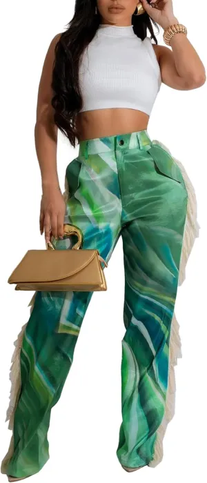 Womens Summer Fringe Pants High Waist Printing Side Tassel Straight Leg Trousers Casual Satin Pants