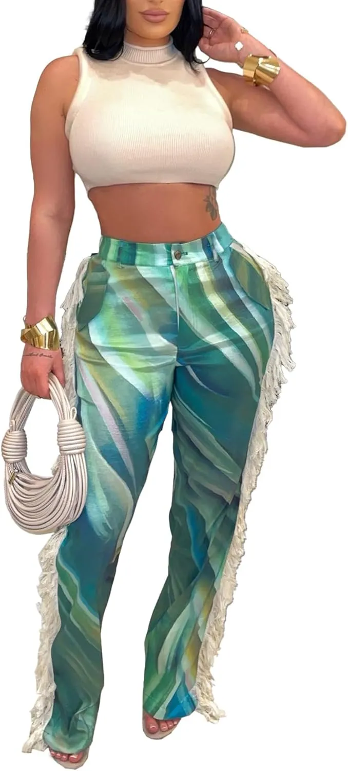 Womens Summer Fringe Pants High Waist Printing Side Tassel Straight Leg Trousers Casual Satin Pants