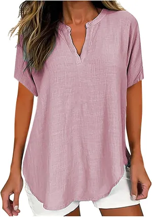 Womens Summer Tops Cotton Linen T-Shirts Casual Loose Fit V-Neck Henley Tops Short Sleeve Blouse Holiday Cmofy Shirts