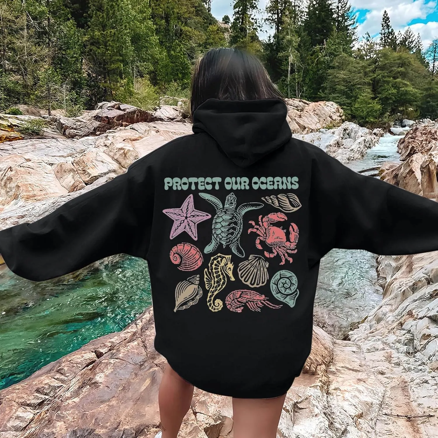 Womens Sweatshirt Graphic Oversized Hoodies Ocean Print Comort Long Sleeve Drawstring Pullover Surfing Hoodie