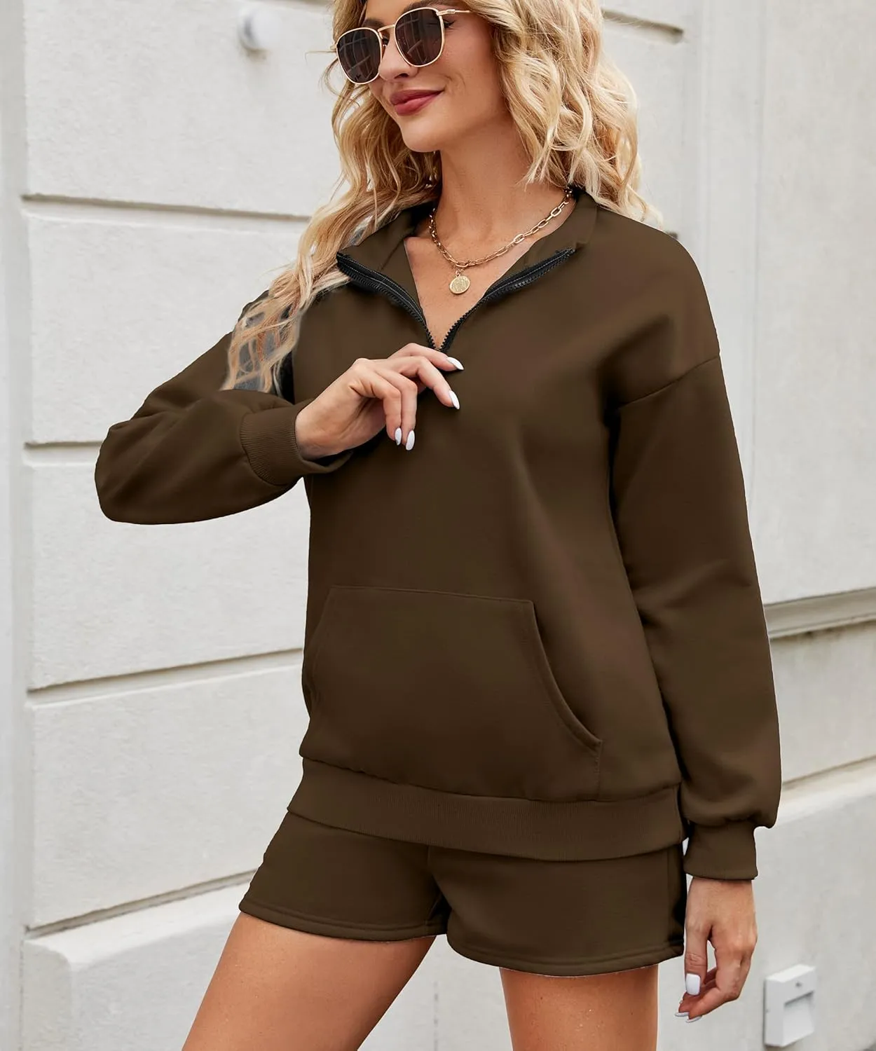 Womens Sweatsuits 2 Piece Outfits Half Zip Sweatshirt Sweat Shorts with Pockets Lounge Sets