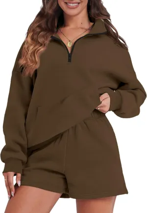 Womens Sweatsuits 2 Piece Outfits Half Zip Sweatshirt Sweat Shorts with Pockets Lounge Sets