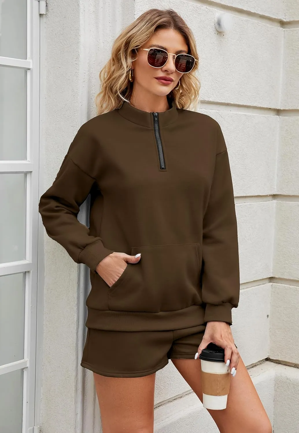 Womens Sweatsuits 2 Piece Outfits Half Zip Sweatshirt Sweat Shorts with Pockets Lounge Sets