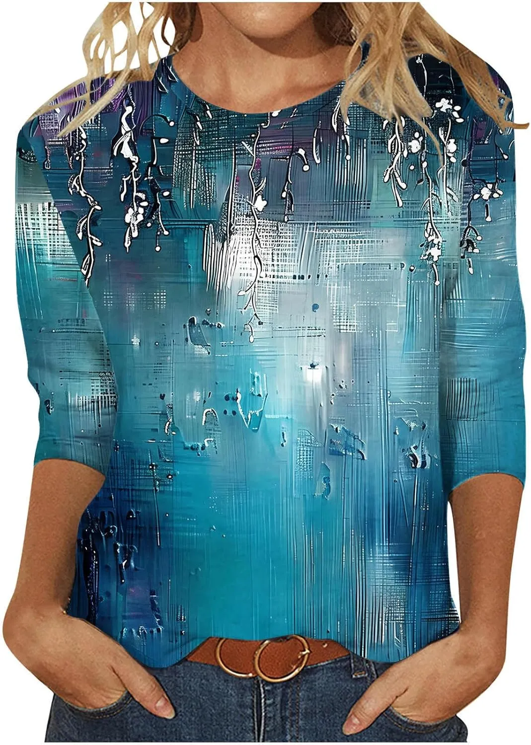 Womens Tops Dressy Casual 3/4 Sleeve Round Neck Shirts Floral Printed Tunic Tee Shirts Cute Loose Fit Blouses Fashion