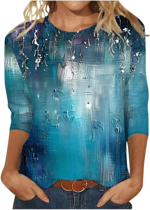 Womens Tops Dressy Casual 3/4 Sleeve Round Neck Shirts Floral Printed Tunic Tee Shirts Cute Loose Fit Blouses Fashion