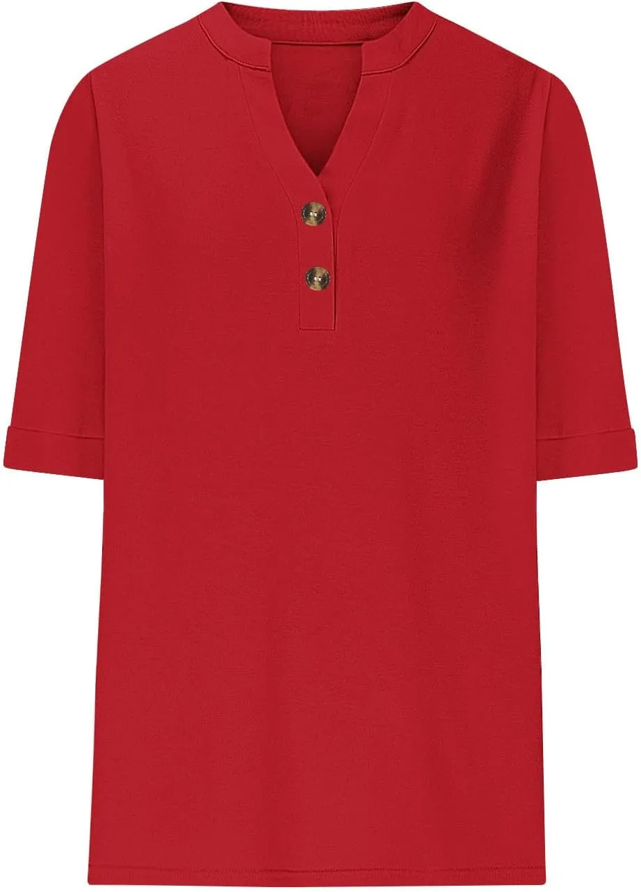 Women's Tops Summer Trendy 2025 Dressy Casual Bloues Loose Fit Half Sleeve V Neck Tshirts Shirts