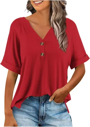 Women's Tops Summer Trendy 2025 Dressy Casual Bloues Loose Fit Half Sleeve V Neck Tshirts Shirts