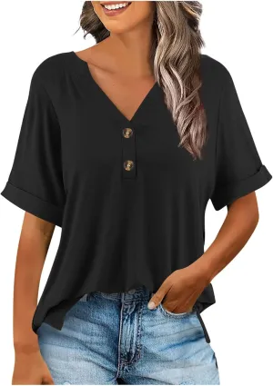 Women's Tops Summer Trendy 2025 Dressy Casual Bloues Loose Fit Half Sleeve V Neck Tshirts Shirts