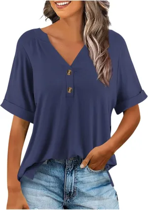 Women's Tops Summer Trendy 2025 Dressy Casual Bloues Loose Fit Half Sleeve V Neck Tshirts Shirts