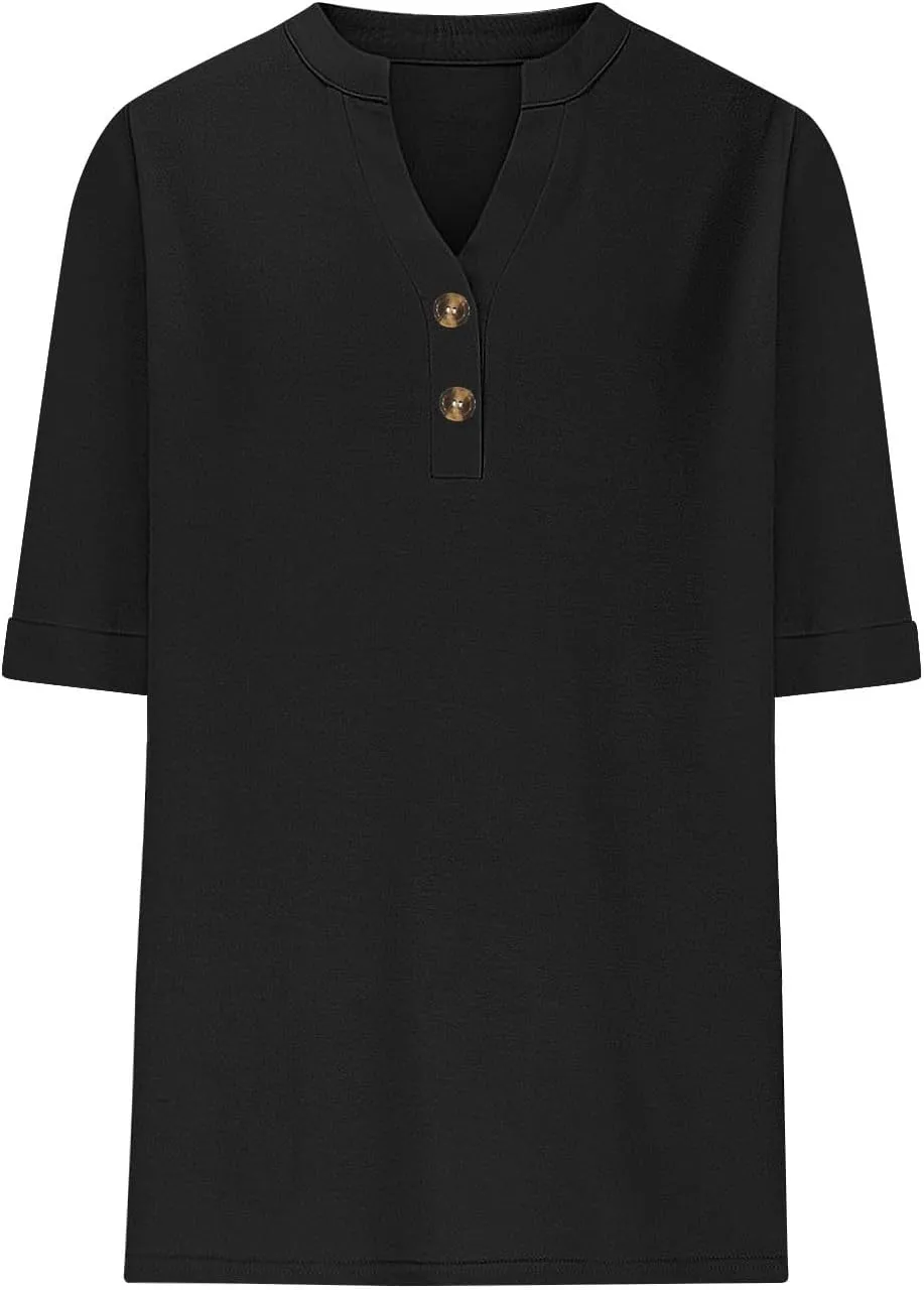 Women's Tops Summer Trendy 2025 Dressy Casual Bloues Loose Fit Half Sleeve V Neck Tshirts Shirts