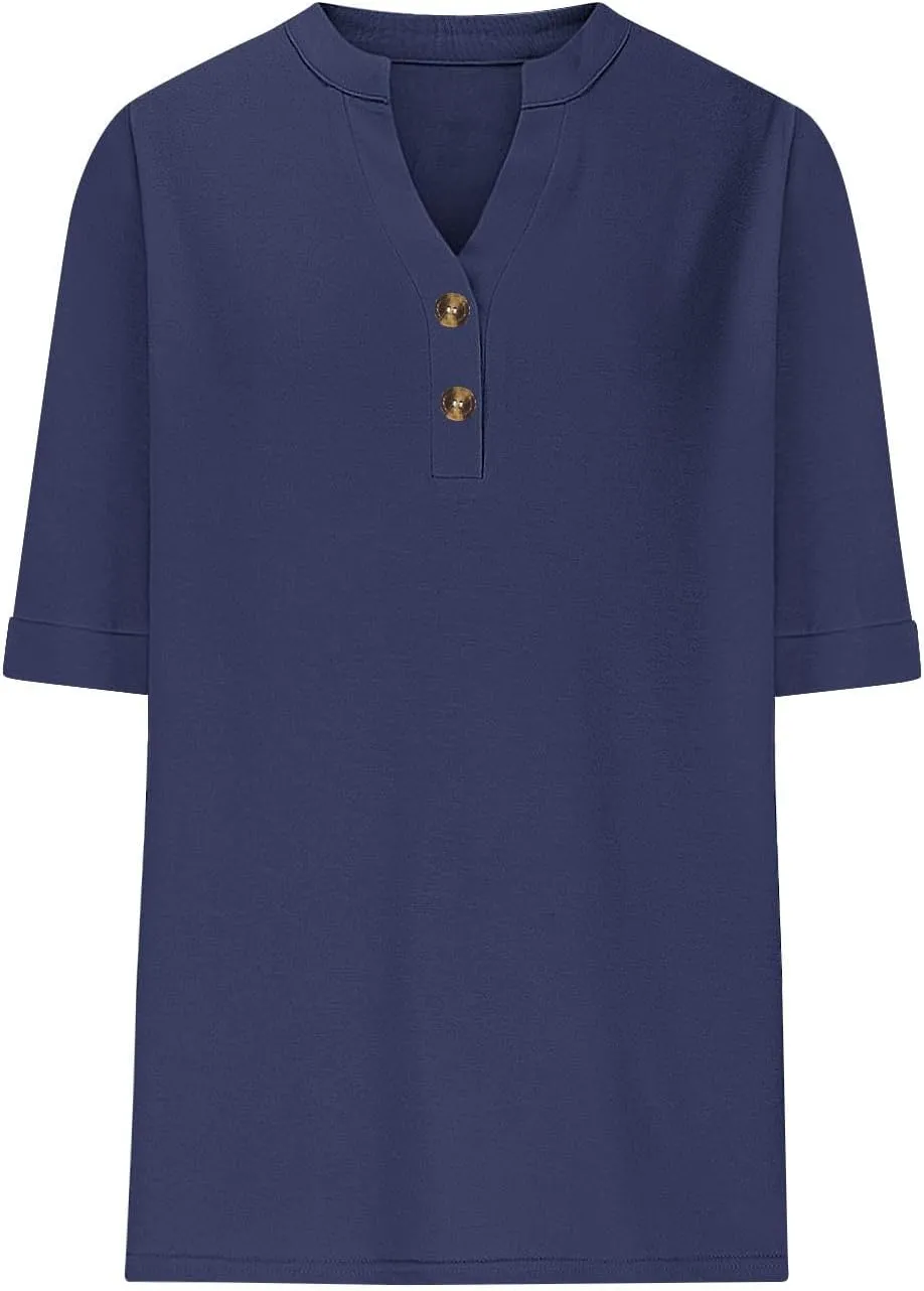 Women's Tops Summer Trendy 2025 Dressy Casual Bloues Loose Fit Half Sleeve V Neck Tshirts Shirts