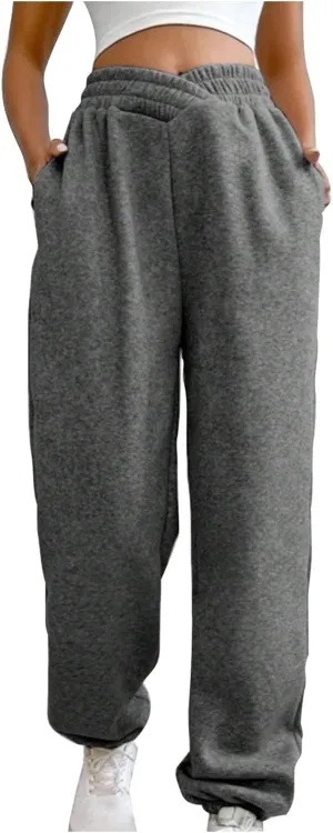 Women's Trendy Trousers Solid Color High Elastic Waist Cuffed Slant Sweatpants Athletic Sports Joggers Casual Bottom