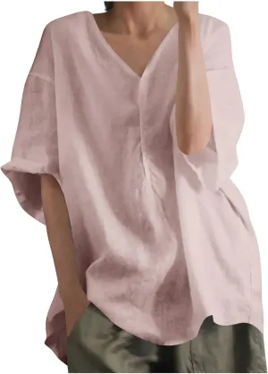Womens Tshirts Cotton Loose Fit Linen Blouses Button Down Half Sleeve Casual V-Neck Oversized Summer Cotton T-Shirt