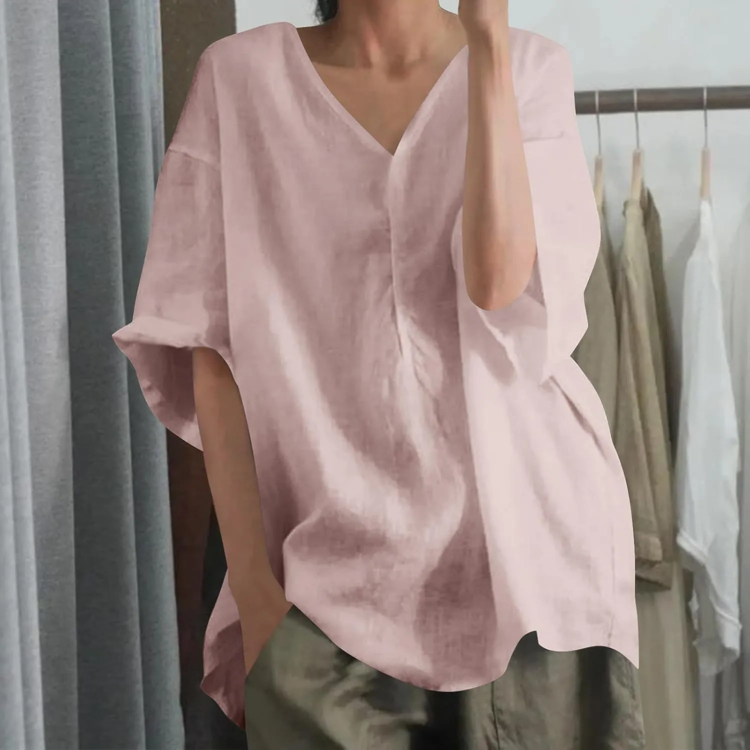 Womens Tshirts Cotton Loose Fit Linen Blouses Button Down Half Sleeve Casual V-Neck Oversized Summer Cotton T-Shirt