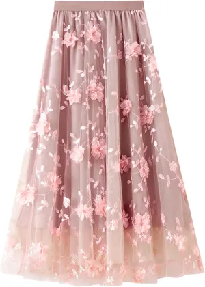 Women's Tulle Skirt Elastic Waist 3D Floral Print Tulle Skirts for Women