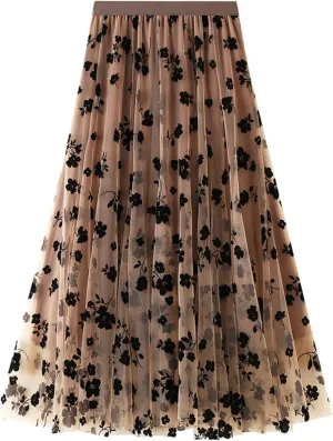 Women's Tulle Skirt Elastic Waist Floral Print Tulle Skirts for Women