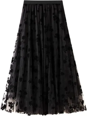 Women's Tulle Skirt Elastic Waist Floral Print Tulle Skirts for Women