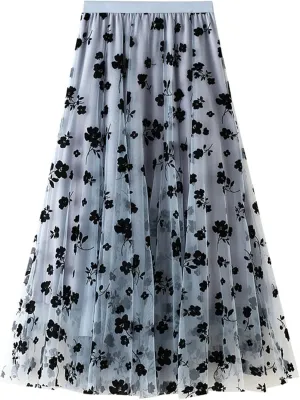 Women's Tulle Skirt Elastic Waist Floral Print Tulle Skirts for Women