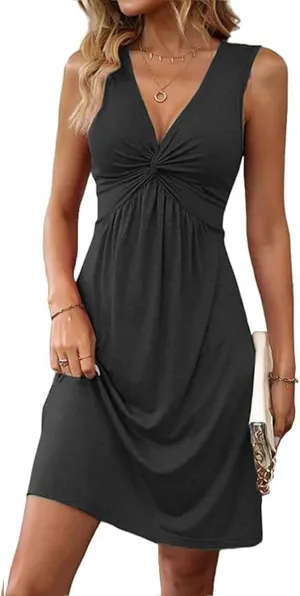 Womens V Neck Sleeveless Tank Dresses Front Knotted Sundress Casual A Line Beach Party Mini Dress Beach Boho Dresses