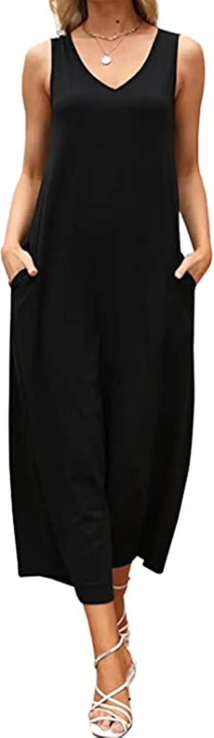 Women's V-neck Sleeveless Vest Jumpsuit with Pocket wide Leg Loose Casual Long Jumpsuit
