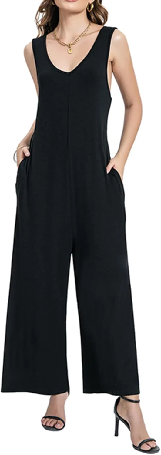 Women's V-neck Sleeveless Vest Jumpsuit with Pocket wide Leg Loose Casual Long Jumpsuit