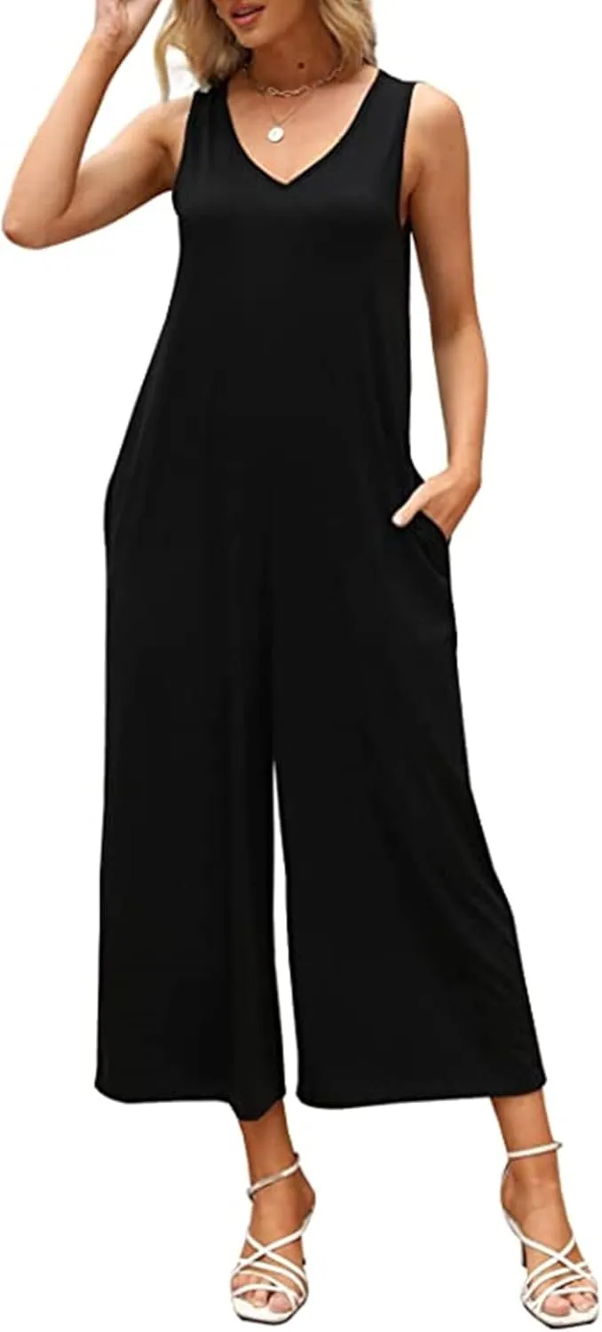 Women's V-neck Sleeveless Vest Jumpsuit with Pocket wide Leg Loose Casual Long Jumpsuit