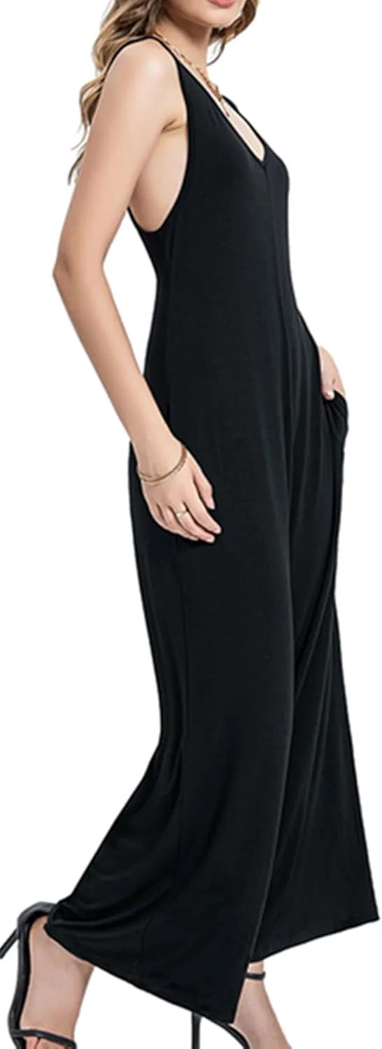 Women's V-neck Sleeveless Vest Jumpsuit with Pocket wide Leg Loose Casual Long Jumpsuit