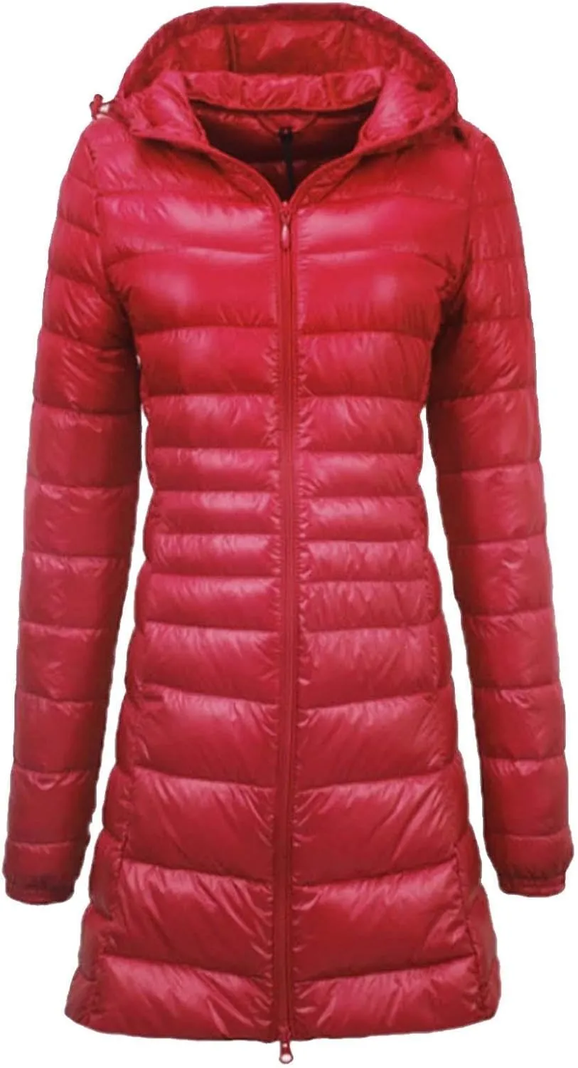 Women's Warm Winter Glossy Down Jacket Ultralight Long Down Outerwear Puffer Jacket Hooded Coat Packable Long-Sleeve with
