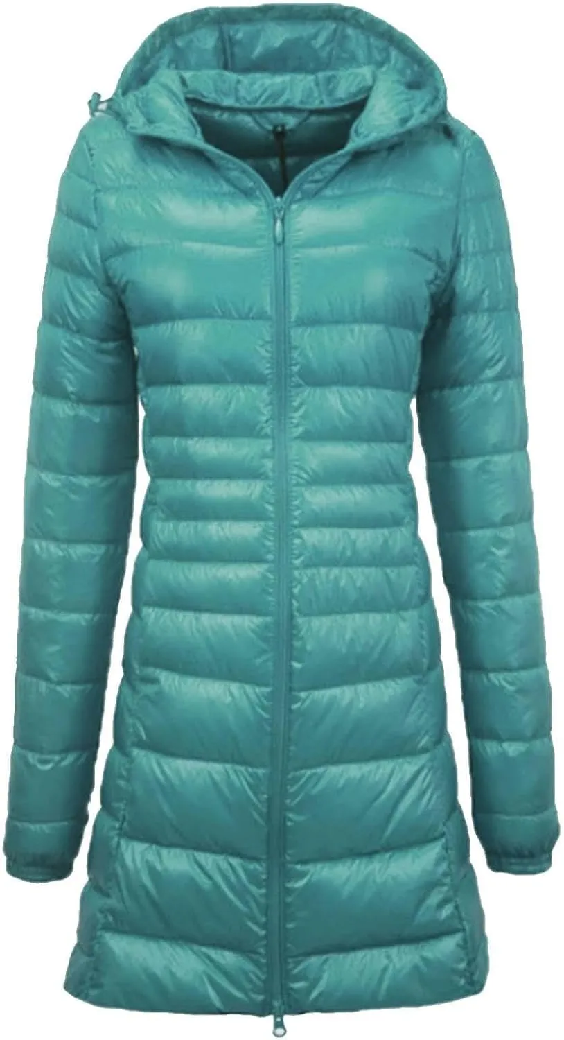 Women's Warm Winter Glossy Down Jacket Ultralight Long Down Outerwear Puffer Jacket Hooded Coat Packable Long-Sleeve with