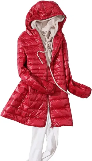 Women's Warm Winter Glossy Down Jacket Ultralight Long Down Outerwear Puffer Jacket Hooded Coat Packable Long-Sleeve with