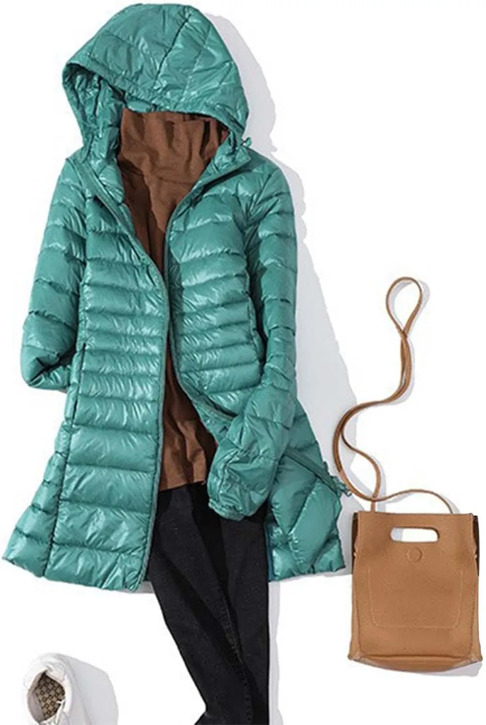 Women's Warm Winter Glossy Down Jacket Ultralight Long Down Outerwear Puffer Jacket Hooded Coat Packable Long-Sleeve with