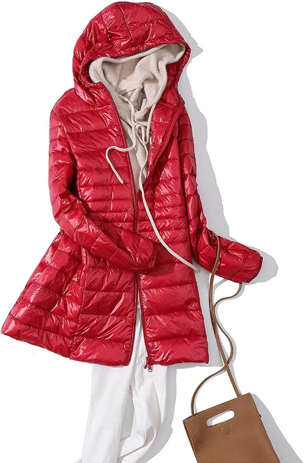 Women's Warm Winter Glossy Down Jacket Ultralight Long Down Outerwear Puffer Jacket Hooded Coat Packable Long-Sleeve with